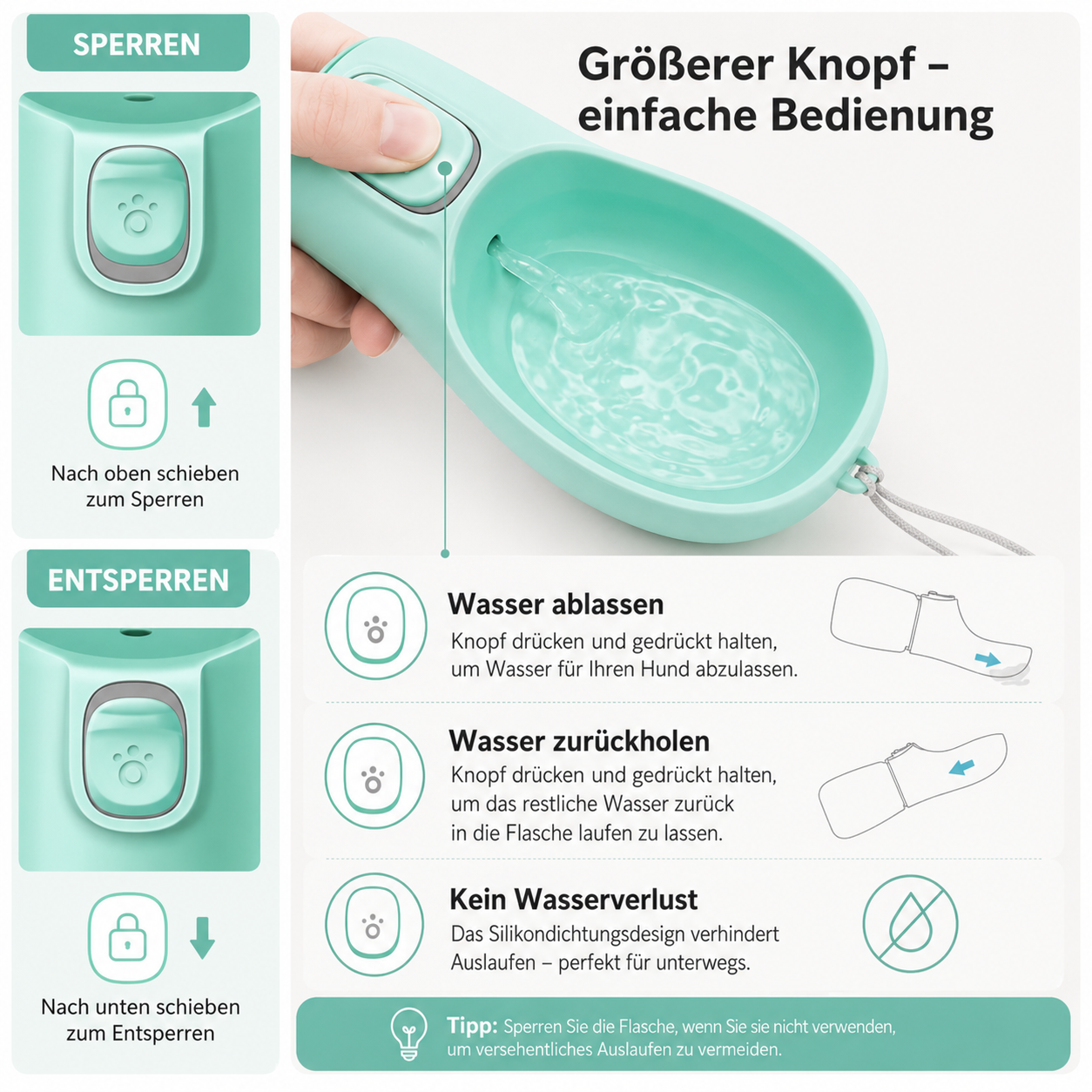 Tragbare Hundetrinkflasche – Auslaufsicher & mit Einhandbedienung
